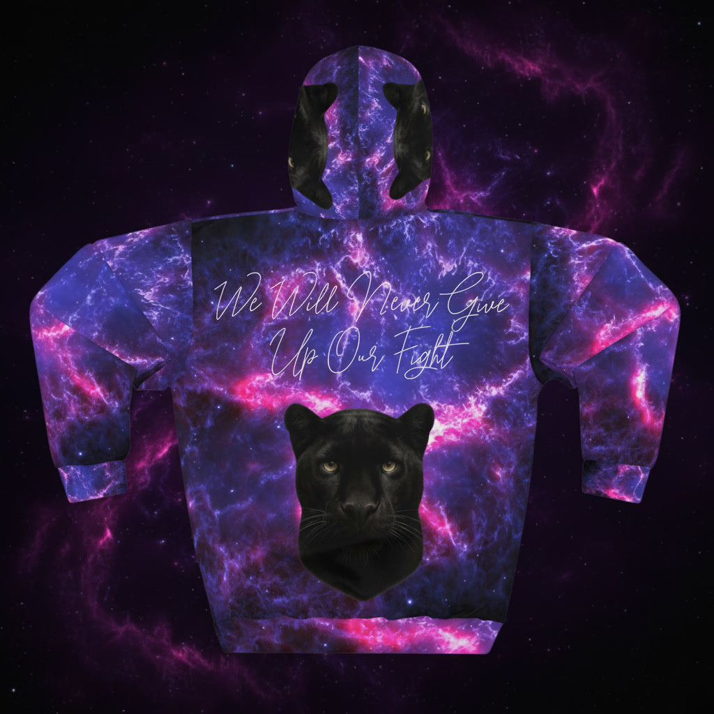 Hoodie with a black panther design and text on a dark background