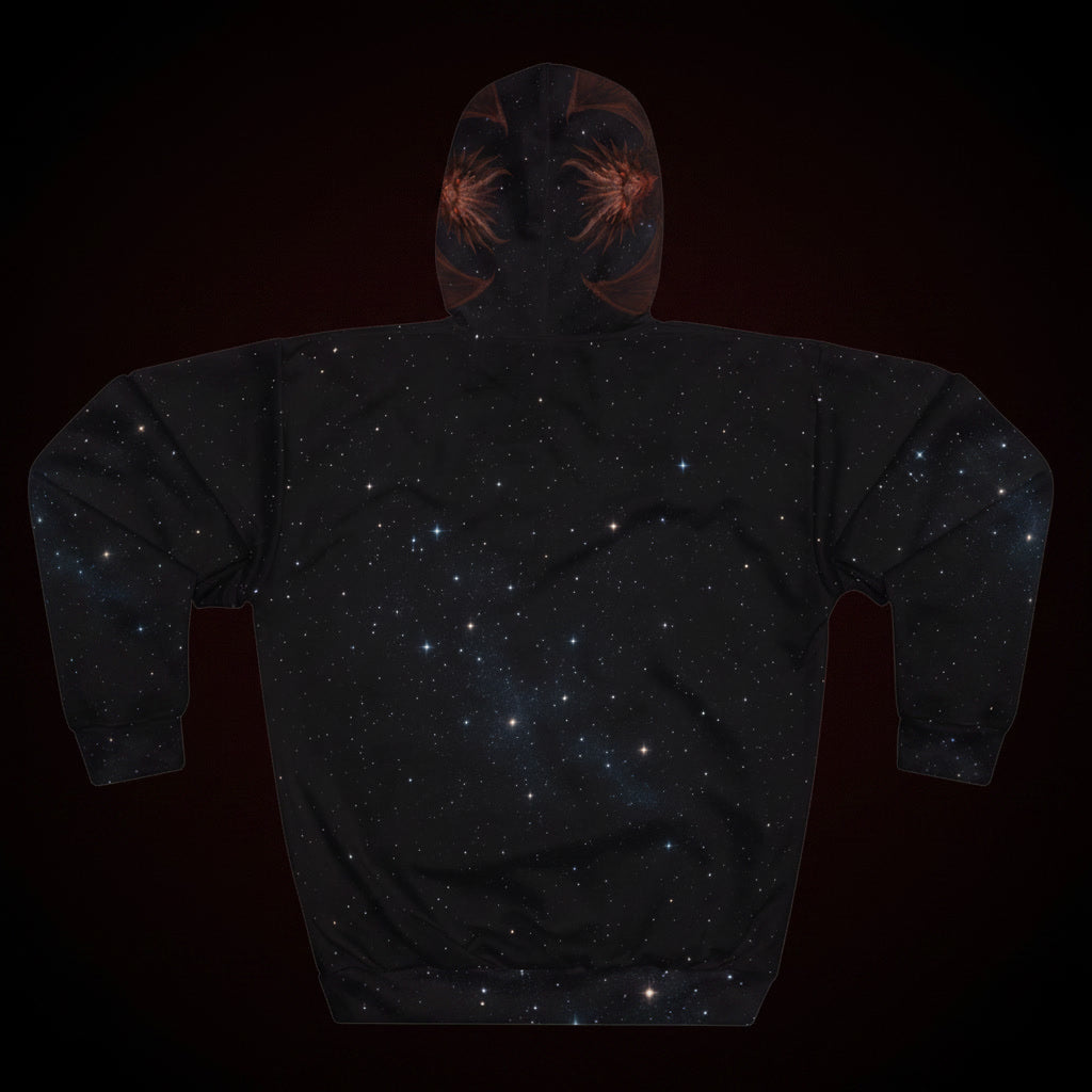 Hoodie with starry night design on a black background
