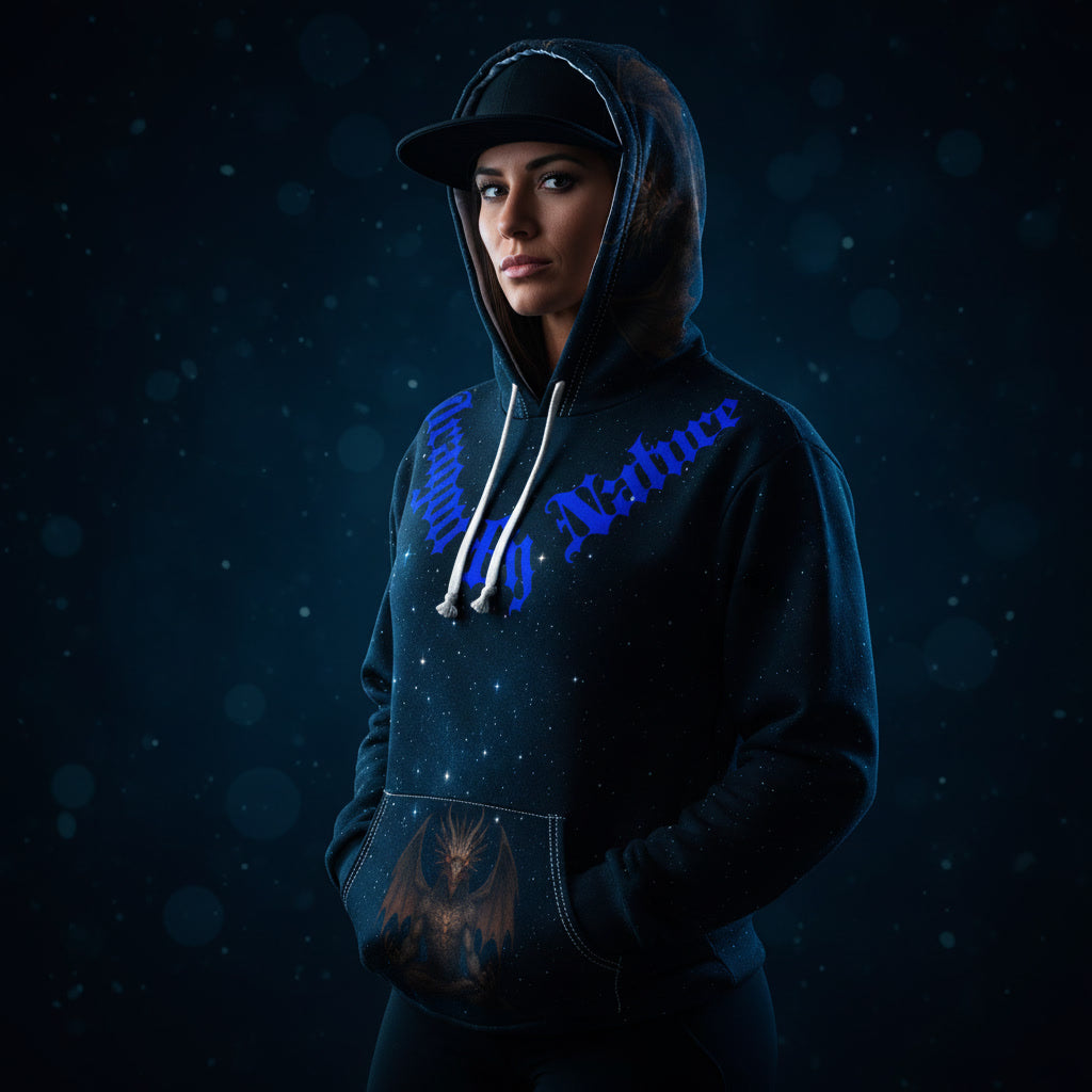 Person wearing a dark dragon hoodie with text and design on a dark background