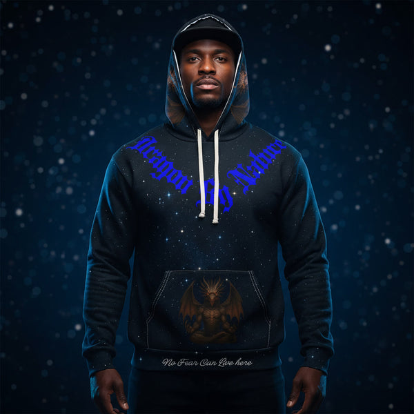 Person wearing a dark dragon hoodie with text and graphics on a dark background