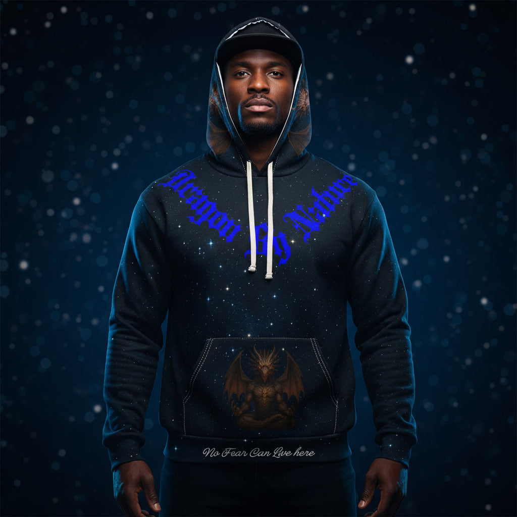 Person wearing a dark dragon hoodie with text and graphics on a dark background