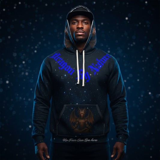 Person wearing a dark dragon hoodie with text and graphics on a dark background