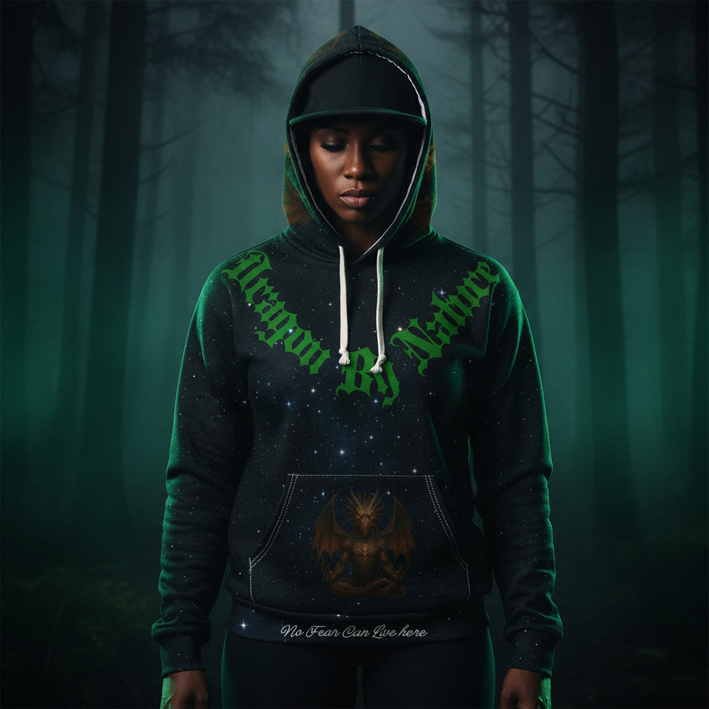 Person wearing a dark dragon hoodie with green text in a forest setting