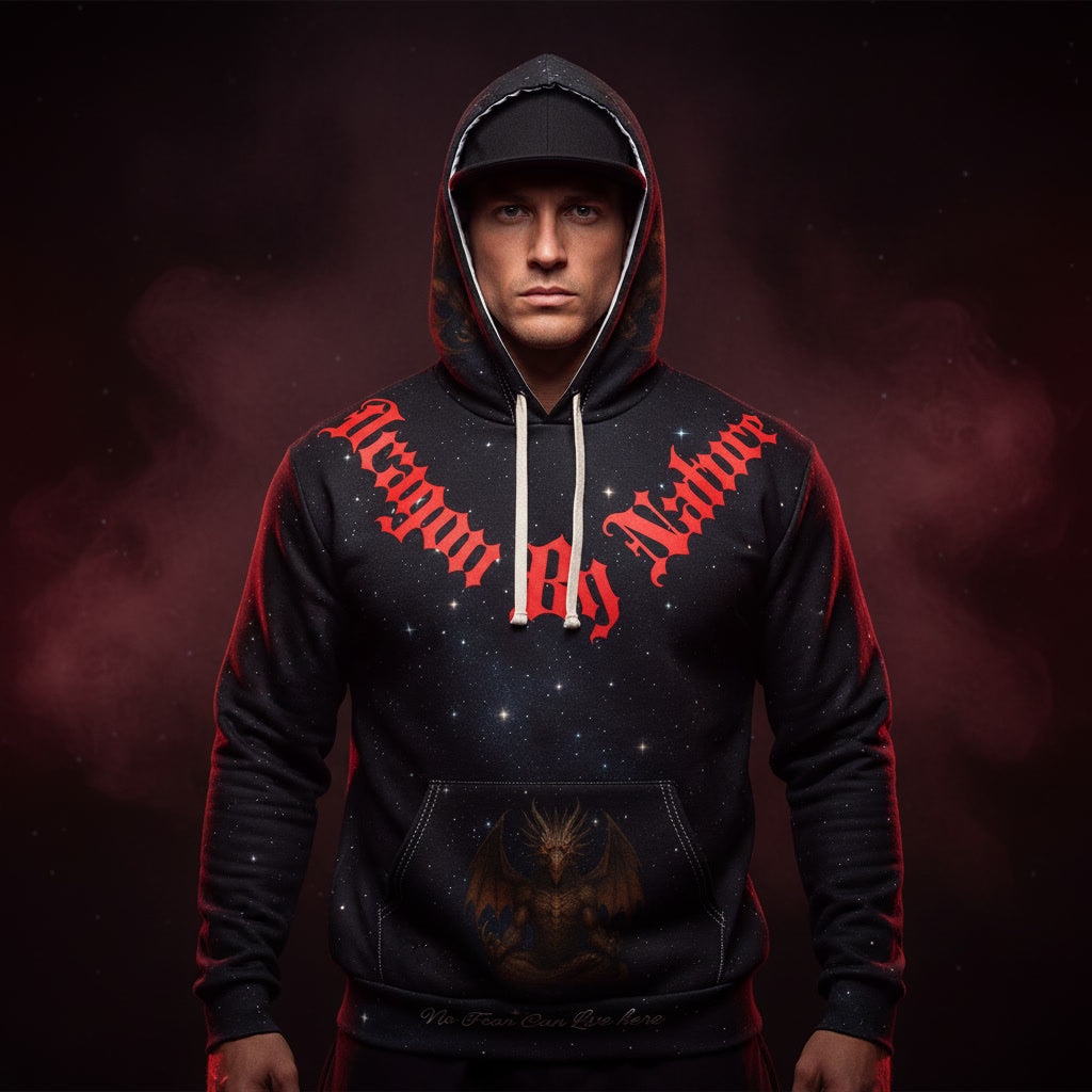 Person wearing a dragon hoodie with text and graphics on a dark background