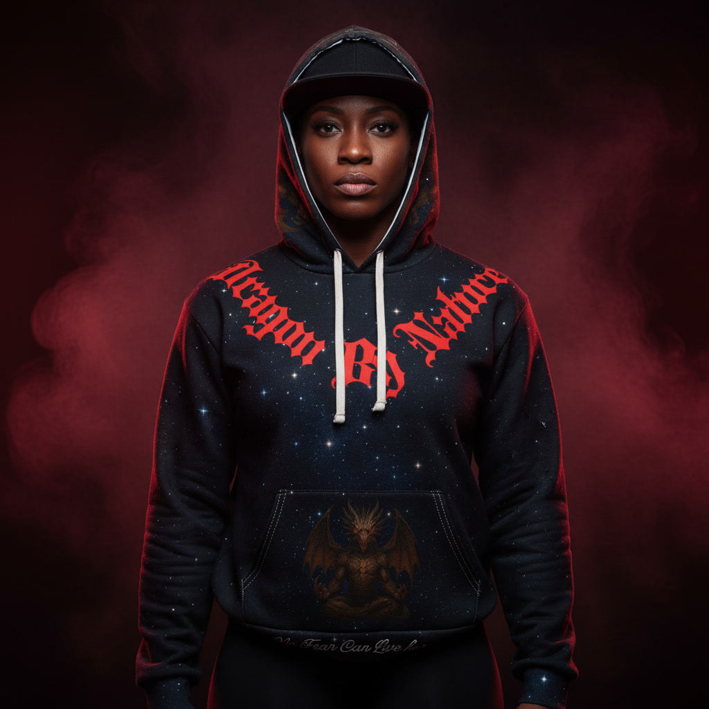 Person wearing a black hoodie with red text and a dragon design on a dark background