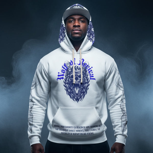 Person wearing a white hoodie with a blue and black design on a dark background