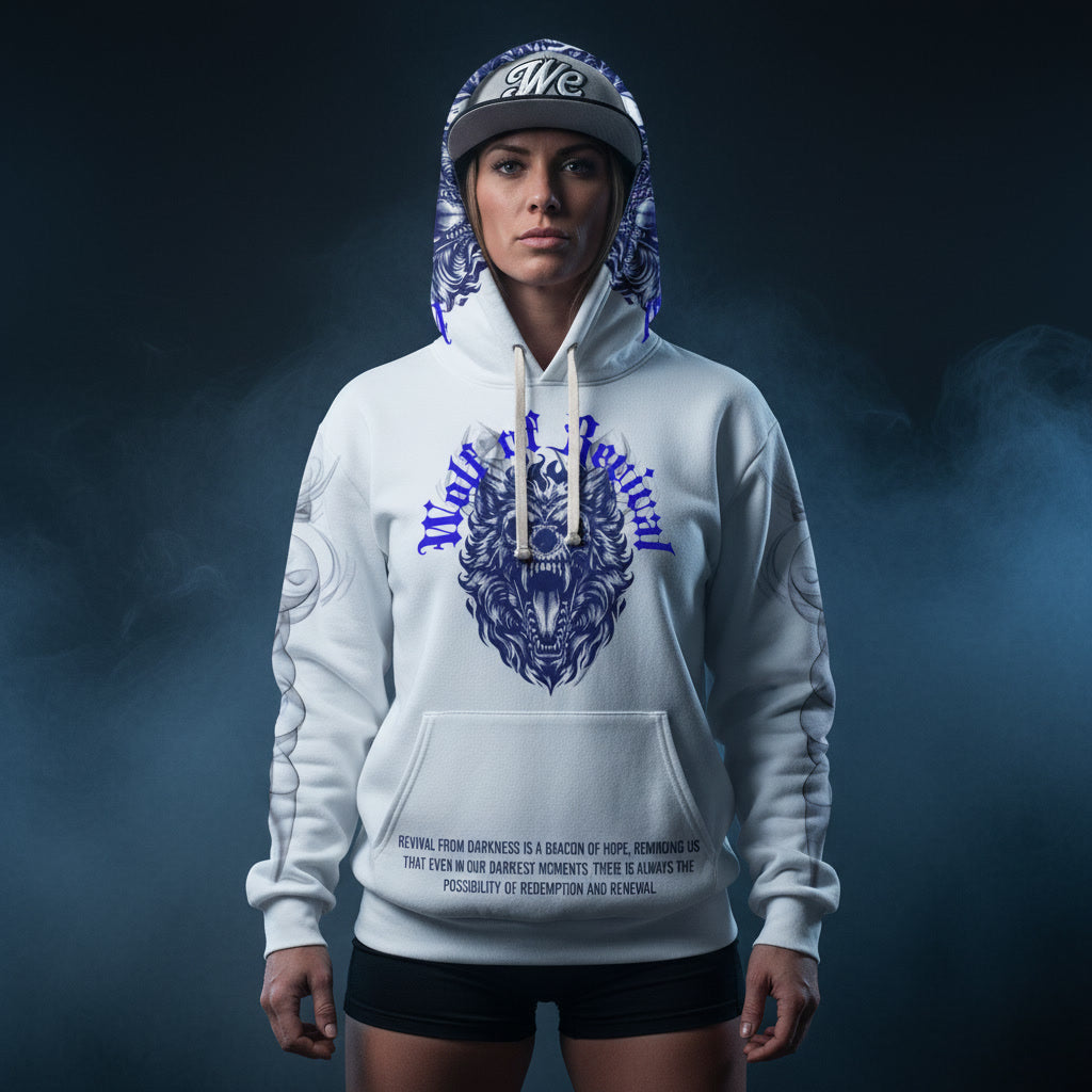Person wearing a white wolf hoodie with a blue design and text on a dark background