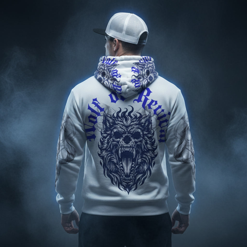 Person wearing a white hoodie with a wolf design and text on the back, standing against a dark background.