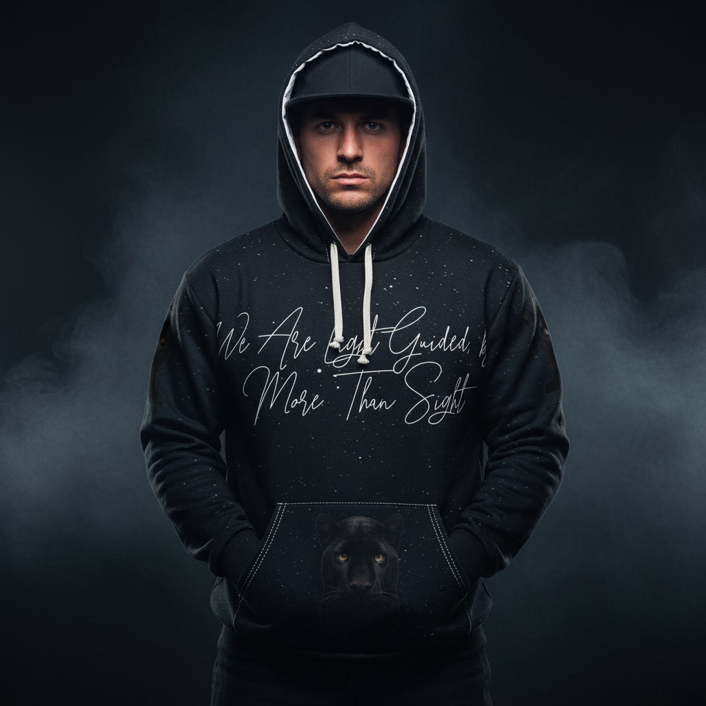 Person wearing a black hoodie with text and a panther graphic on a dark background