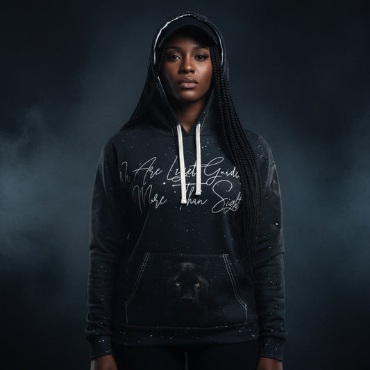 Person wearing a black hoodie with panther and text against a dark background 