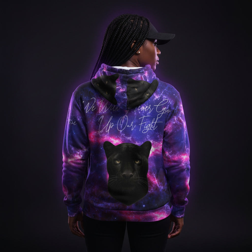 Person wearing a hoodie with a black panther design and text on a dark background