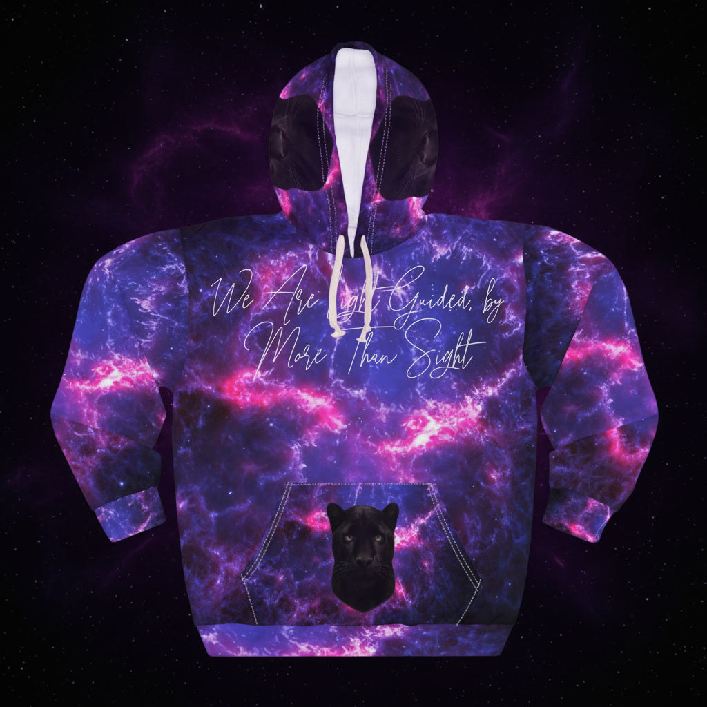 Hoodie with galaxy design and text on a dark background
