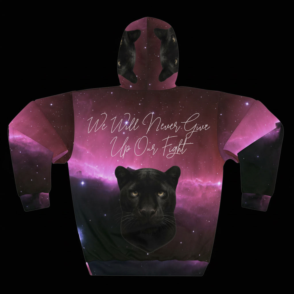 Hoodie with a black panther design and motivational text on a pink and purple galaxy background