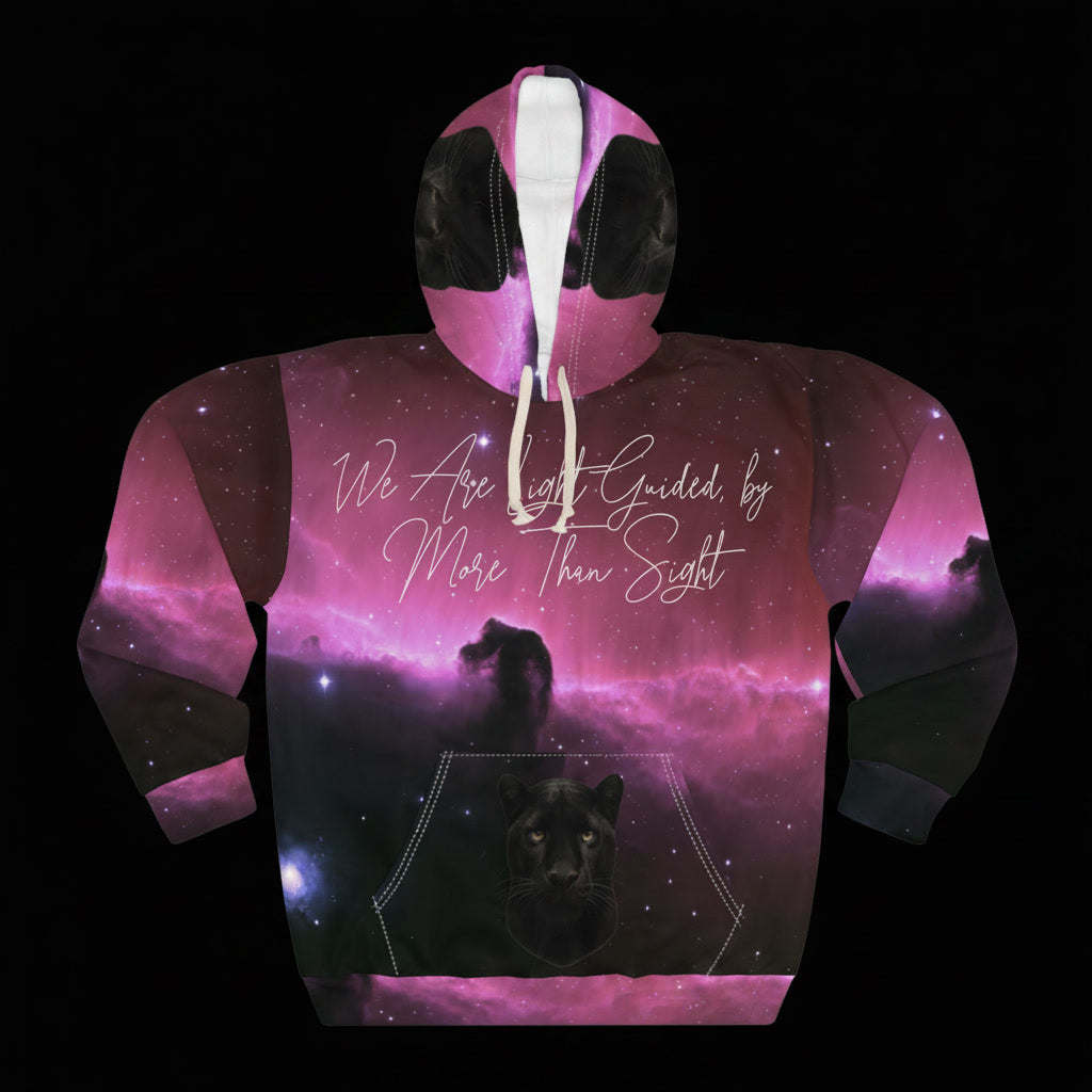 Hoodie with black panther design and text on a black background