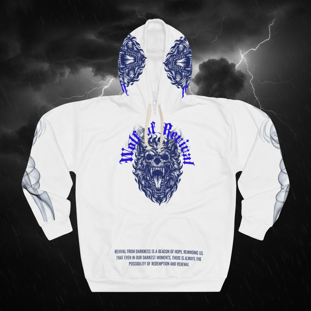 White wolf hoodie with blue and black designs on a dark background with lightning.