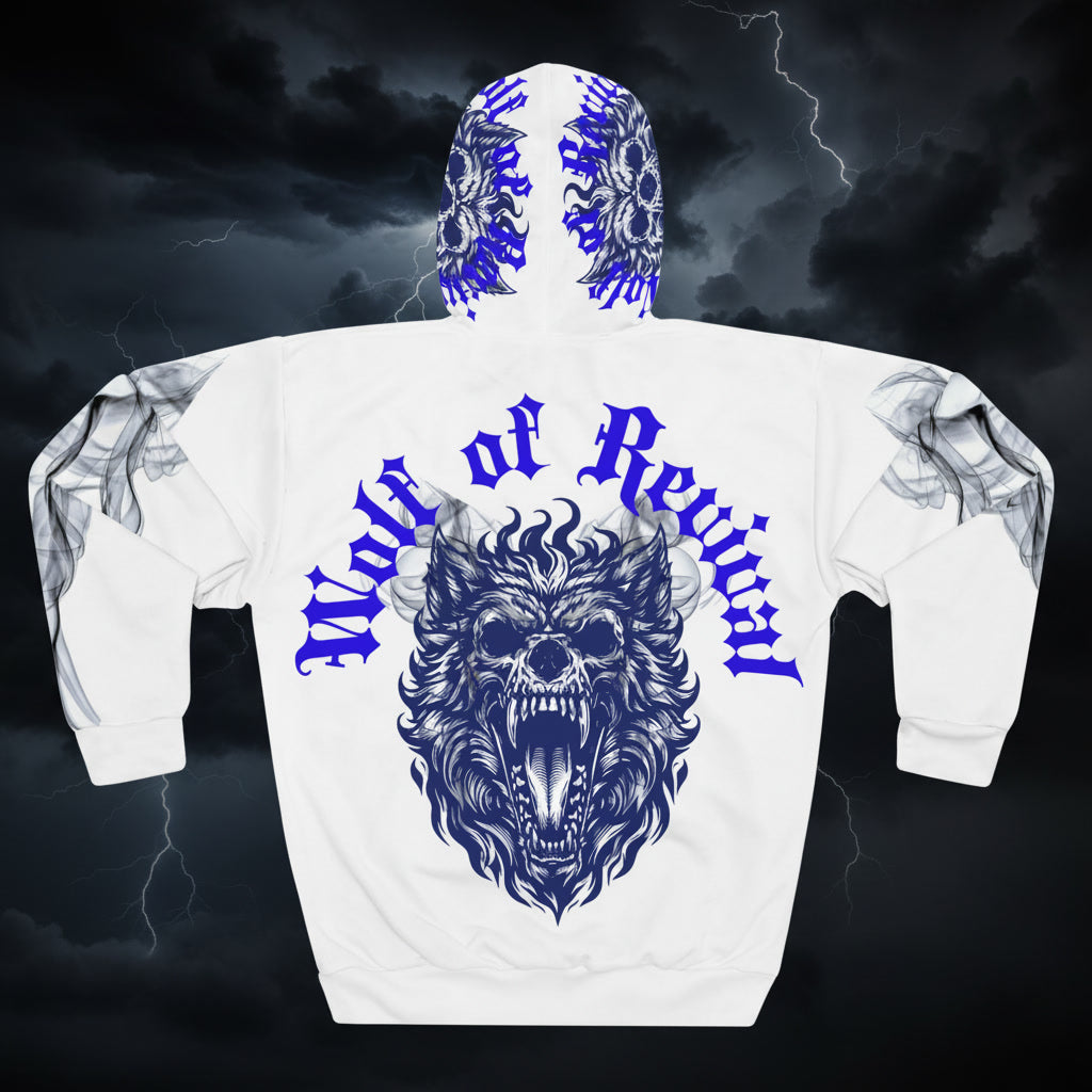 White hoodie with blue wolf design and 'Wolves of Revival' text on a dark background
