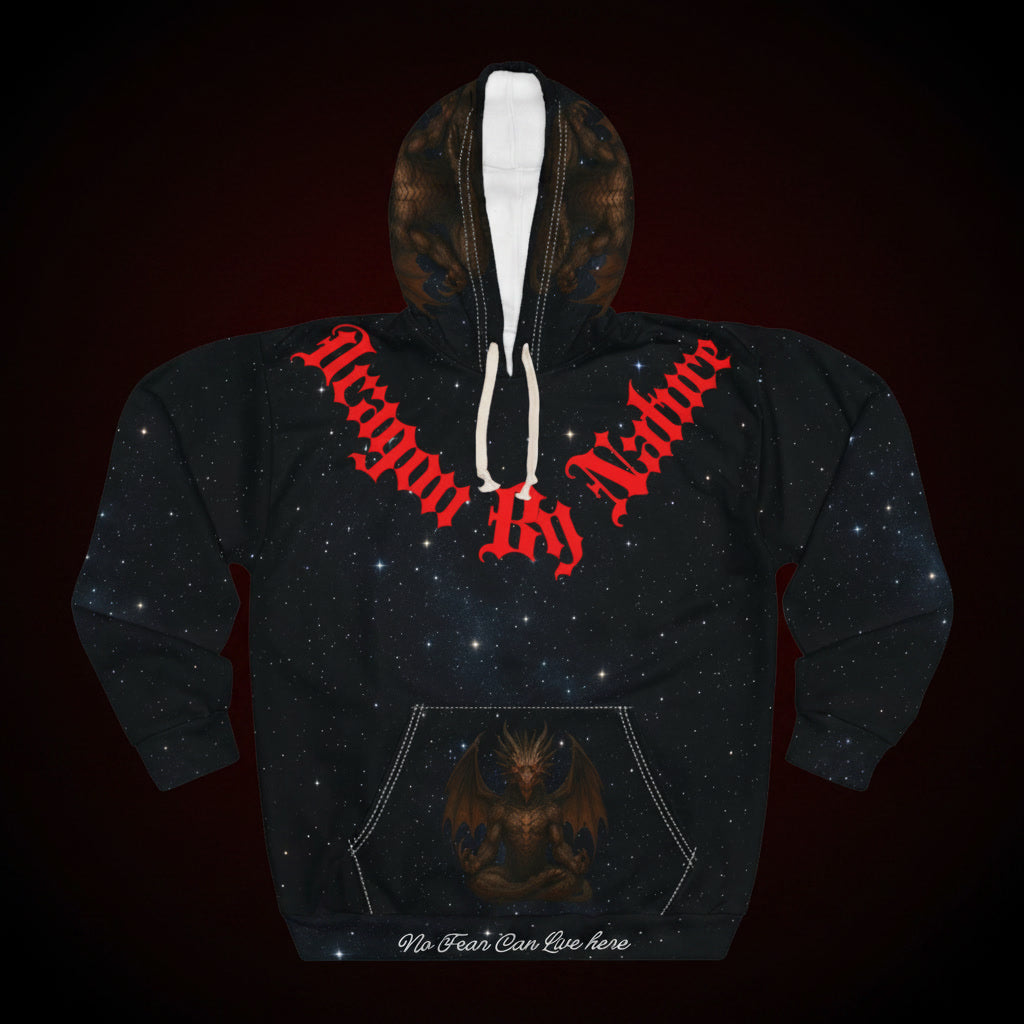 Hoodie with red text and dragon design on a dark background