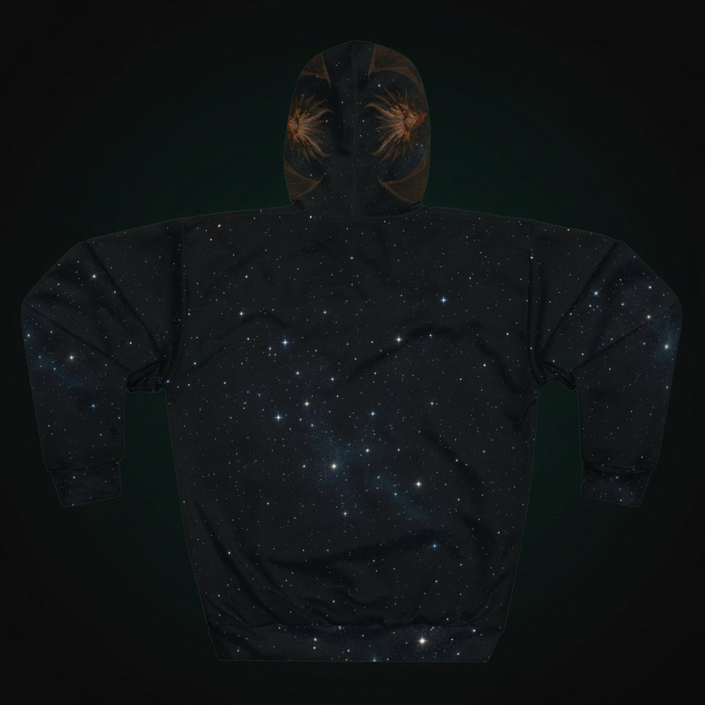 Hoodie with starry night design on a dark background