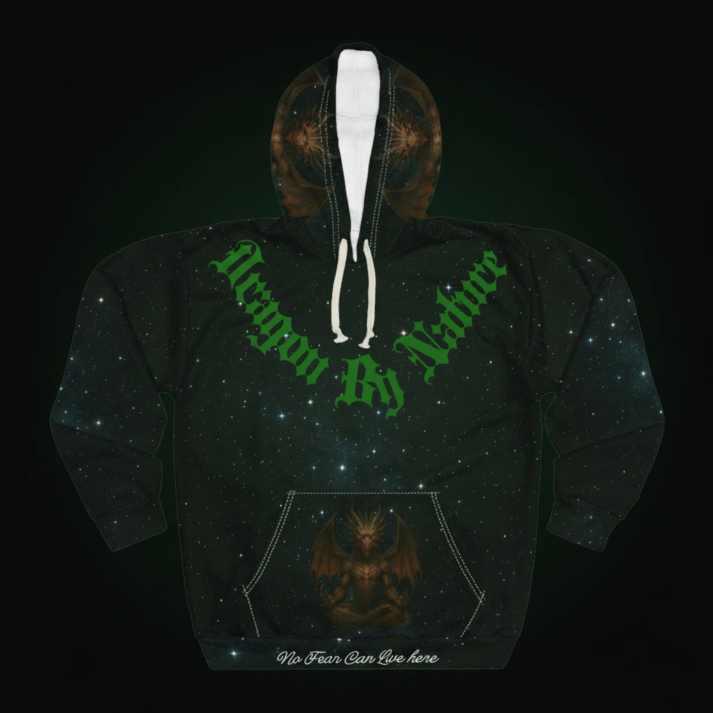 Hoodie with green text and dragon design on a dark background