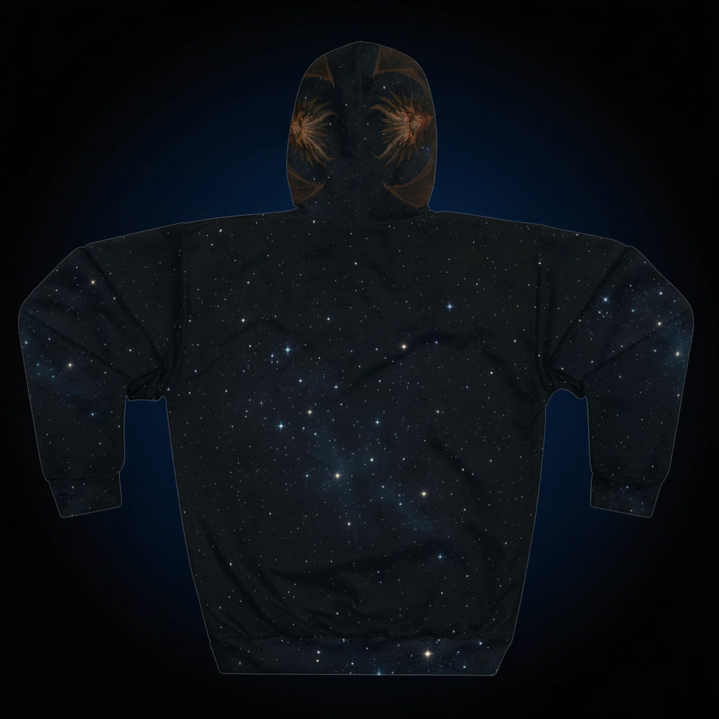 Hoodie with starry night design on a dark background