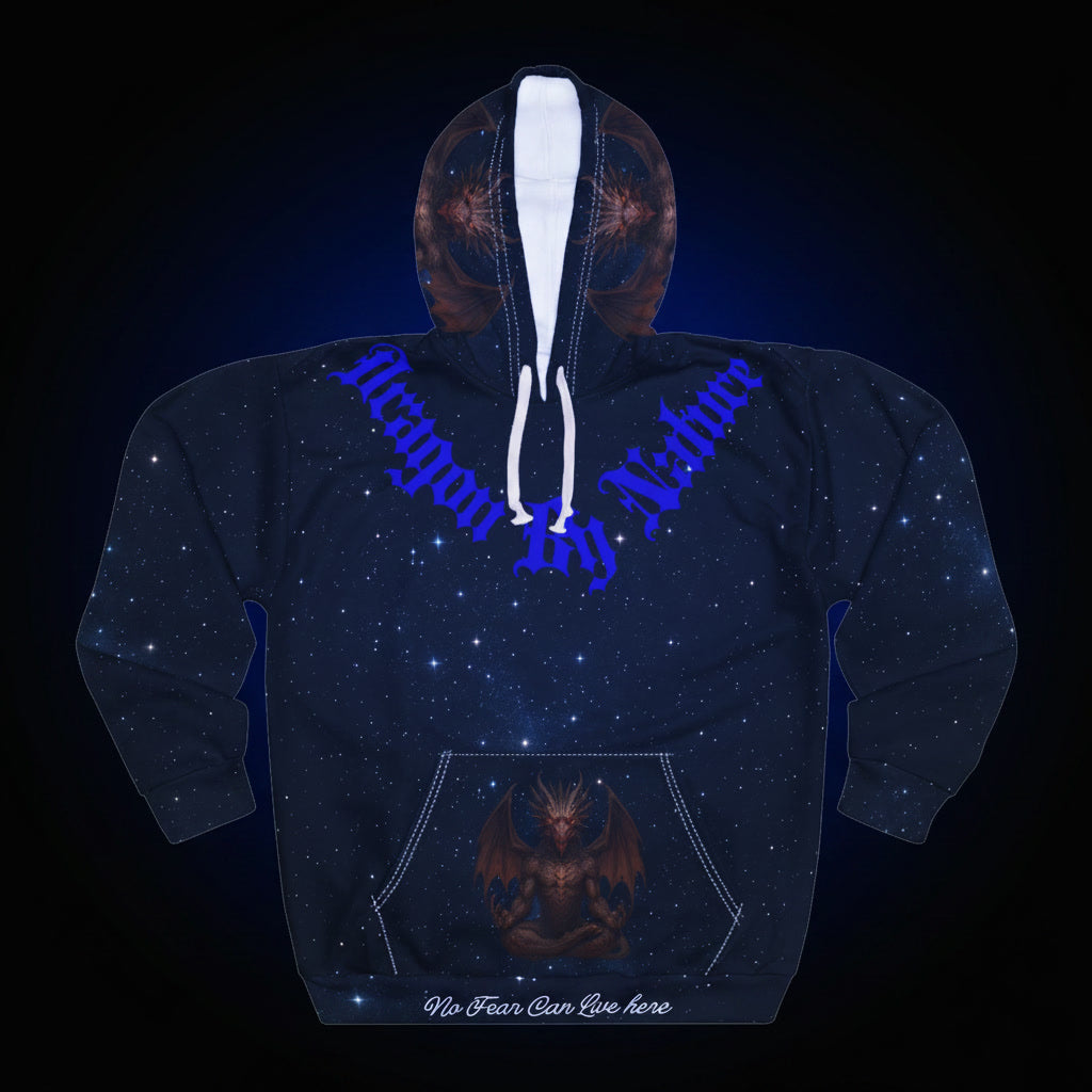 Hoodie with dragon design and text on a dark background