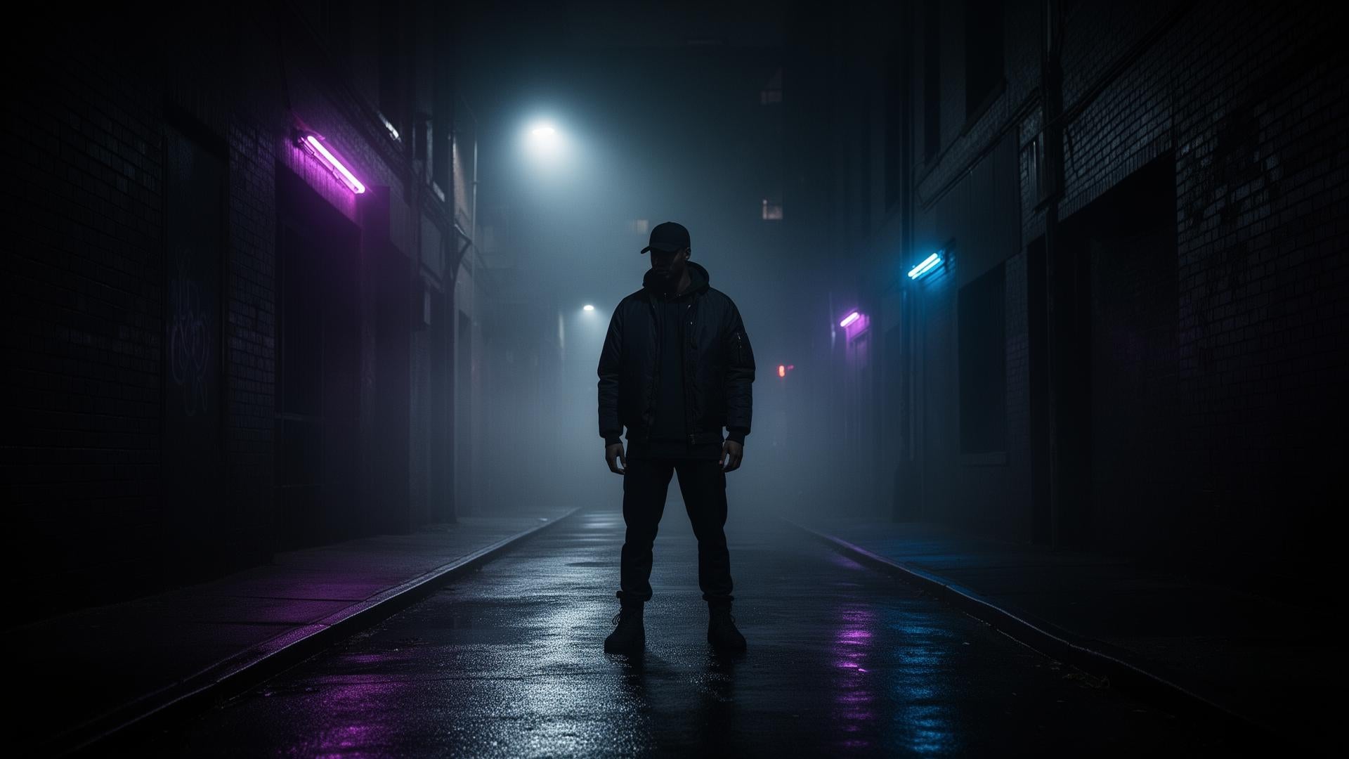 Dark urban alley at night with cinematic lighting